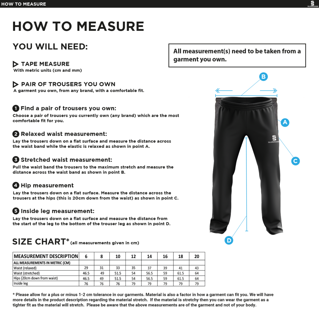 Island Bakeries CC - Women's Ripstop Track Pant - Size Guide
