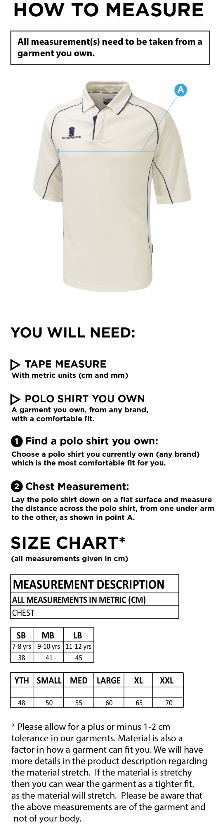 Island Bakeries CC - Premier 3/4 Sleeve Playing Shirt - Size Guide