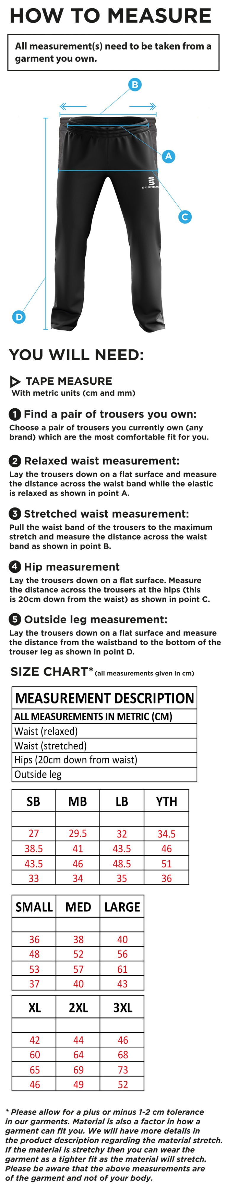 Island Bakeries CC - Ripstop Track Pant - Size Guide