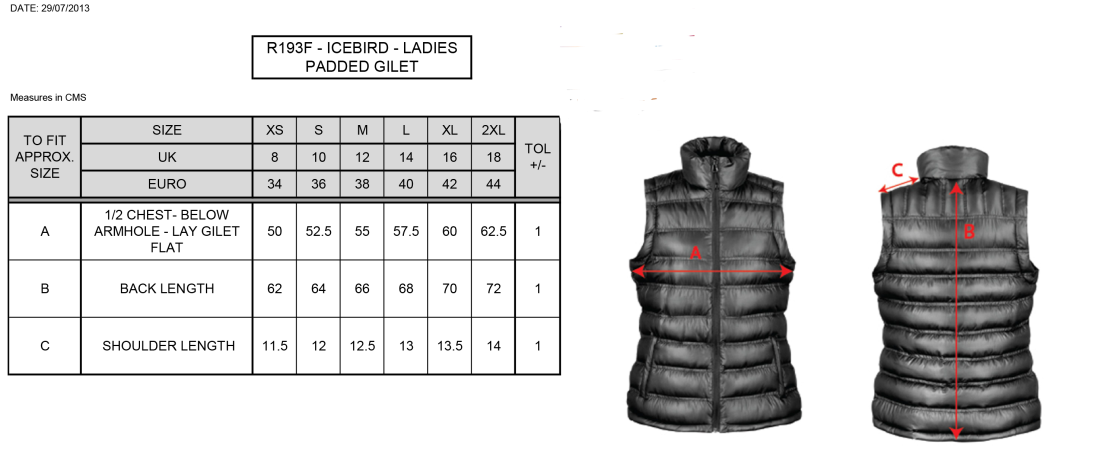 Island Bakeries CC - Women's Padded Gilet - Size Guide