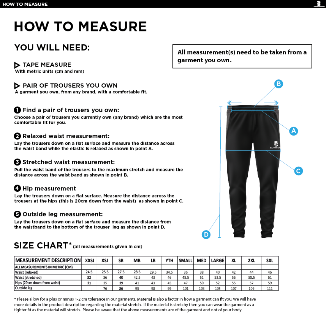 Island Bakeries CC - Slim Training Pants - Size Guide