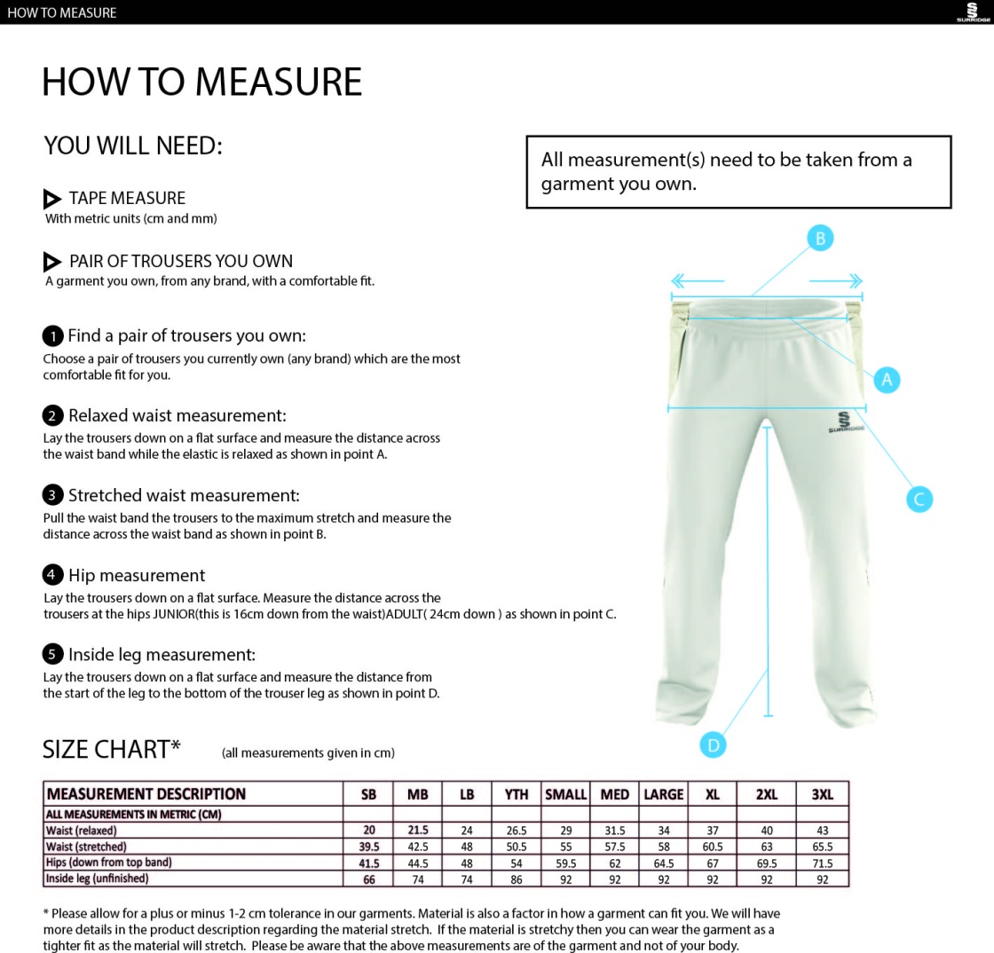 Island Bakeries CC - Standard Fit Playing Pant - Size Guide