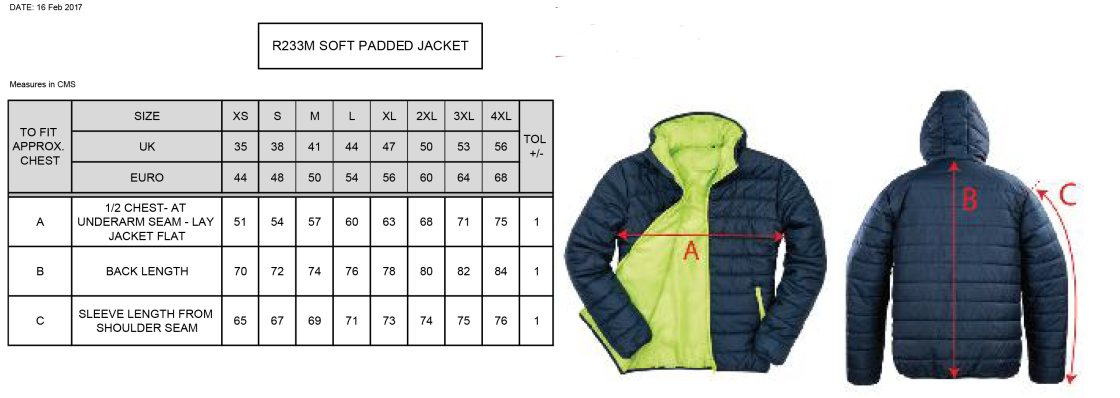 Island Bakeries CC - Supersoft Padded Jacket - Size Guide