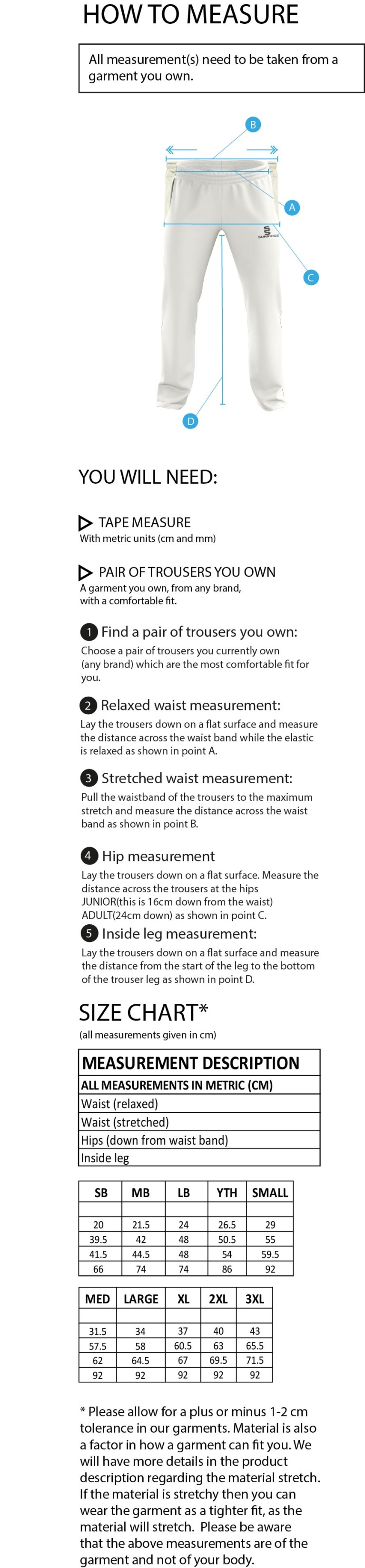 Island Bakeries CC - Standard Fit Playing Pant - Size Guide