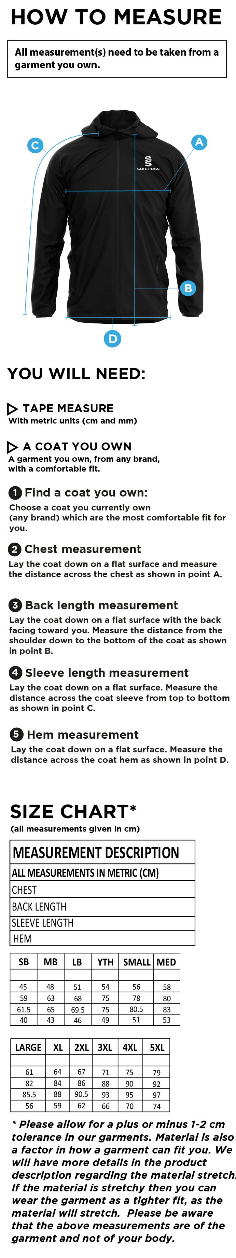 Island Bakeries CC - Lightweight Full Zip Training Jacket - Size Guide