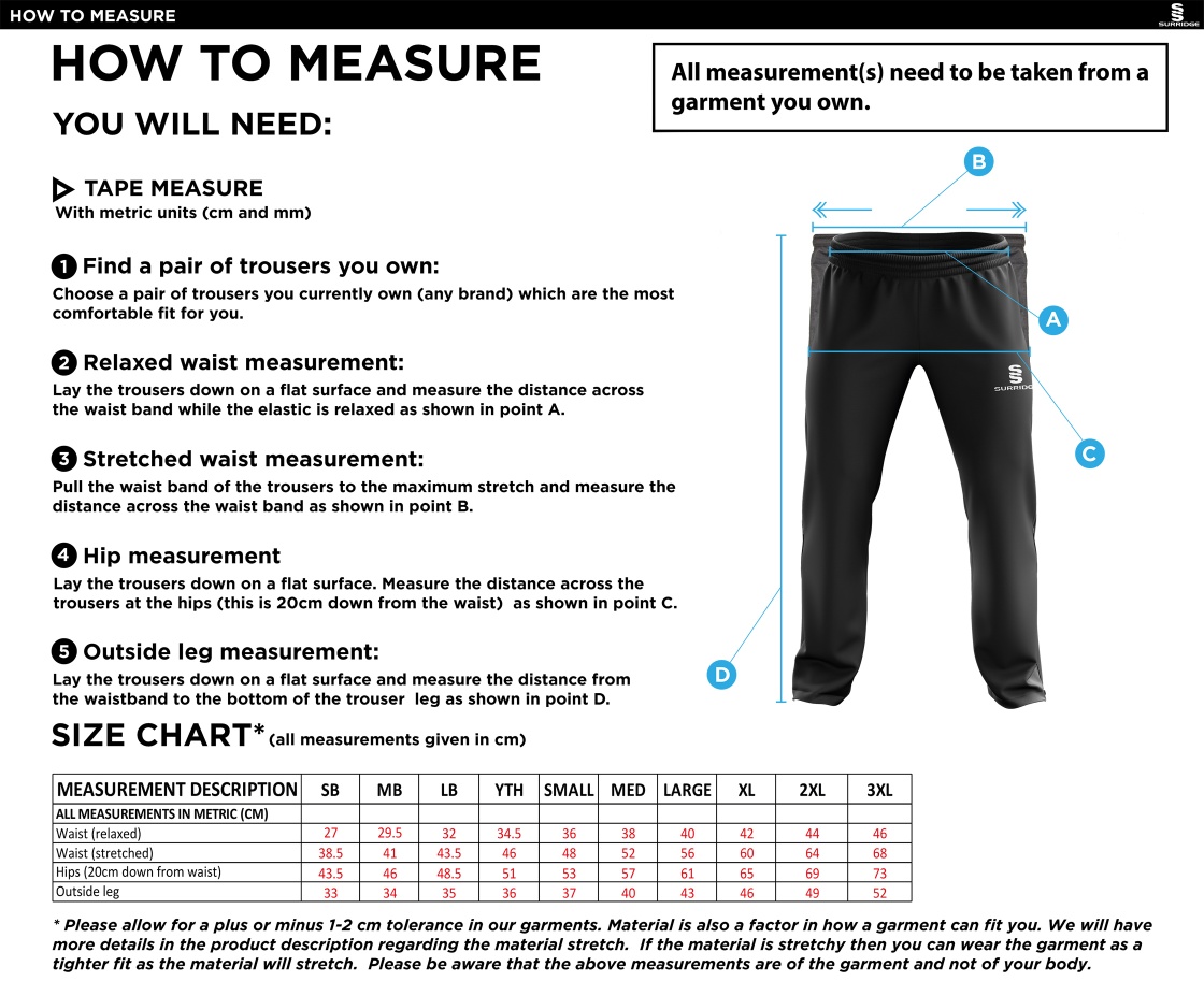 Island Bakeries CC - Ripstop Track Pant - Size Guide