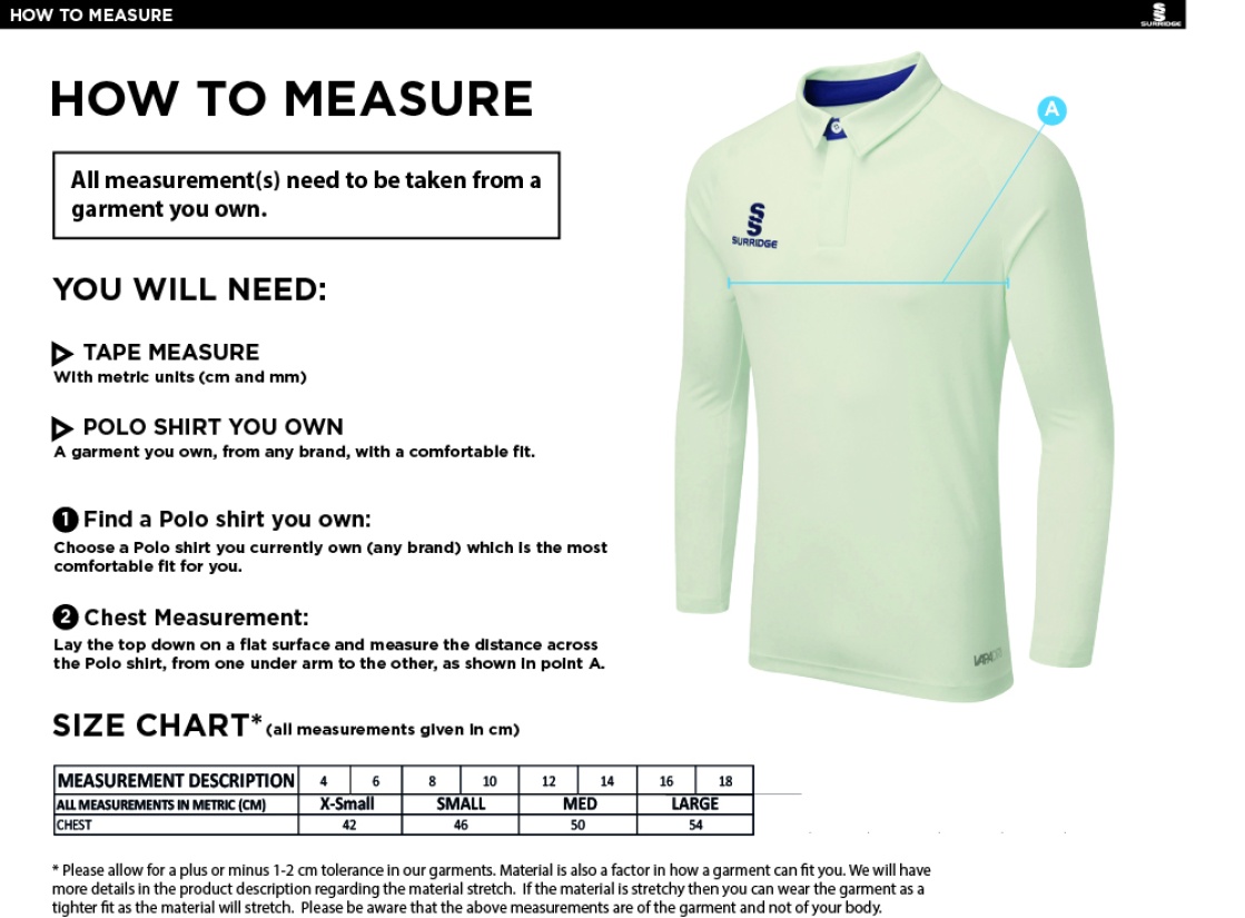 ISLAND BAKERIES CC DUAL LONG SLEEVE CRICKET SHIRT (WOMENS)-Ivory - Size Guide