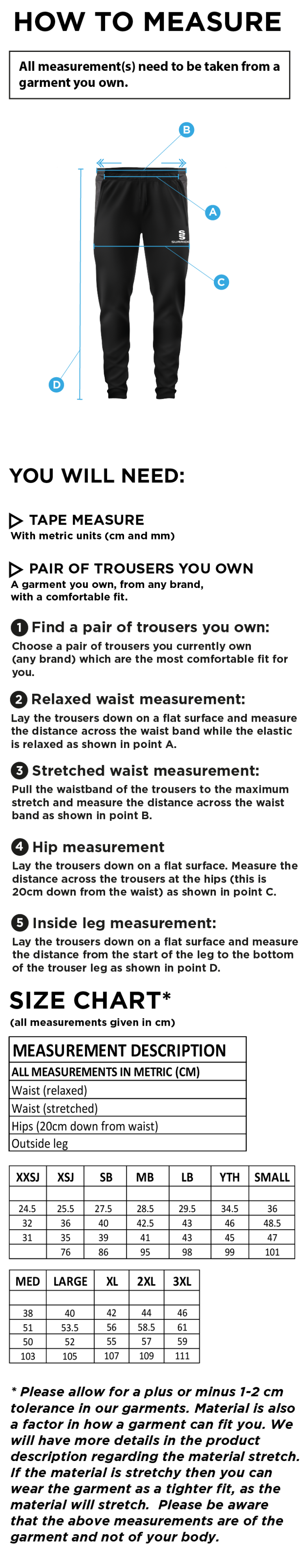 Island Bakeries CC - Slim Training Pants - Size Guide