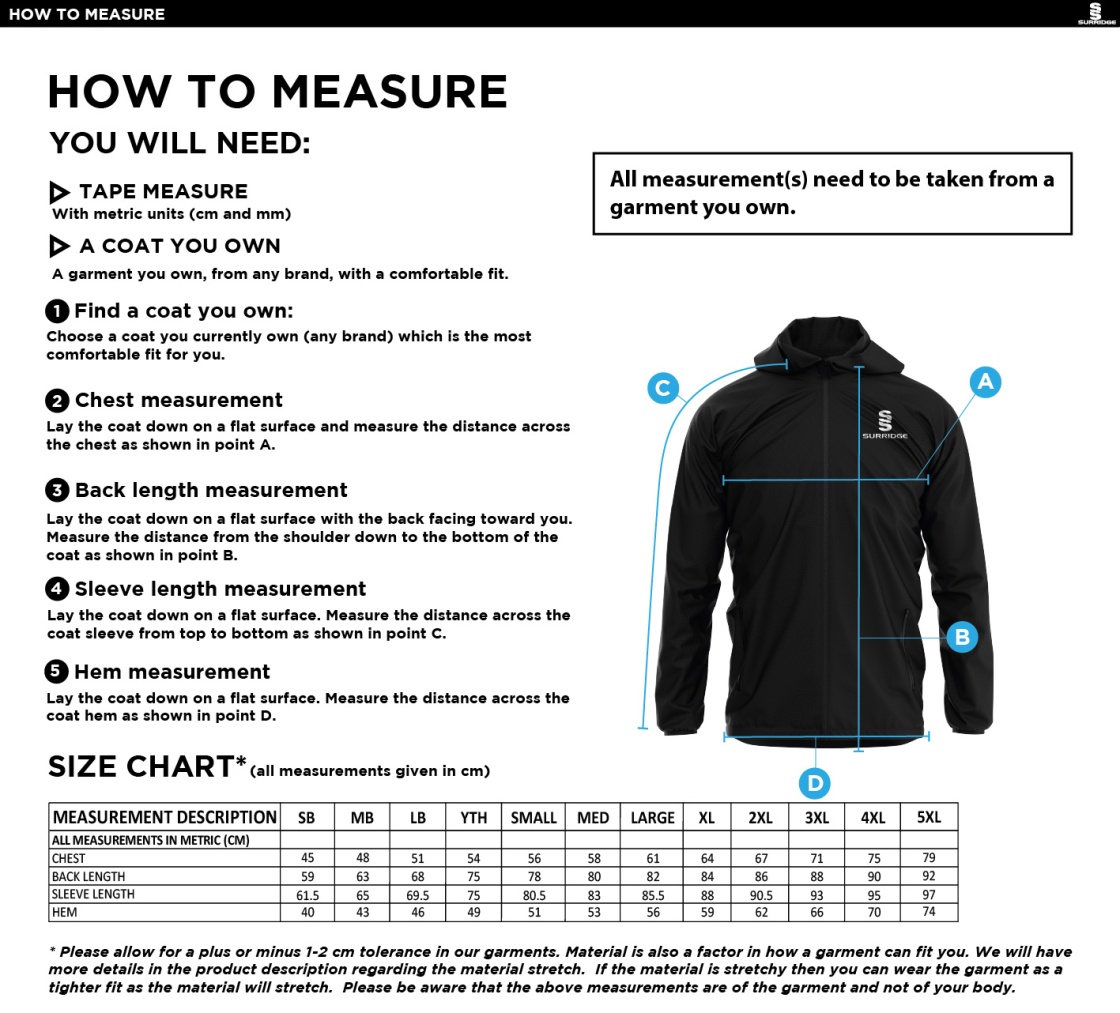 Island Bakeries CC - Lightweight Full Zip Training Jacket - Size Guide