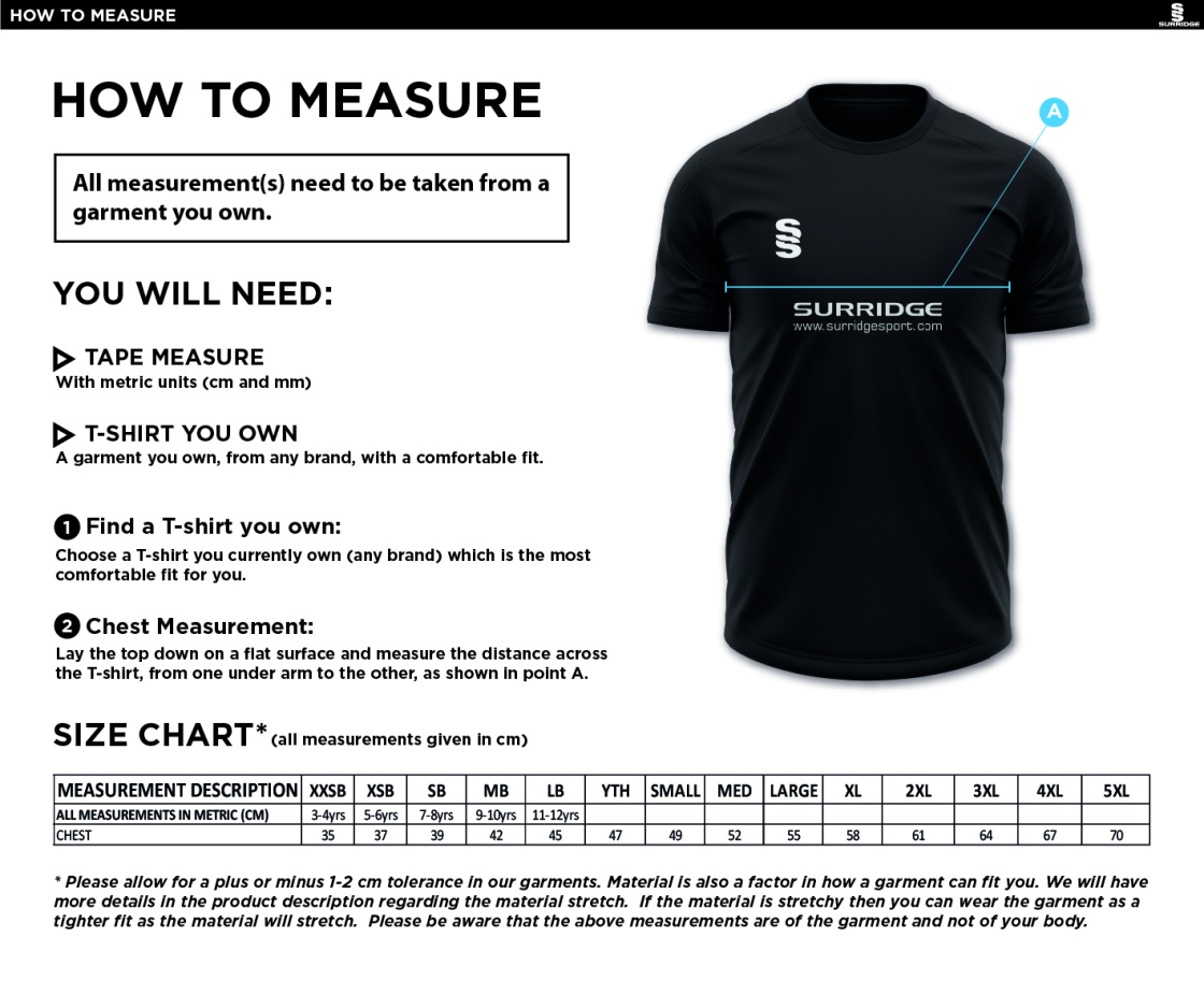 Island Bakeries CC - Blade Training T-shirt - Size Guide