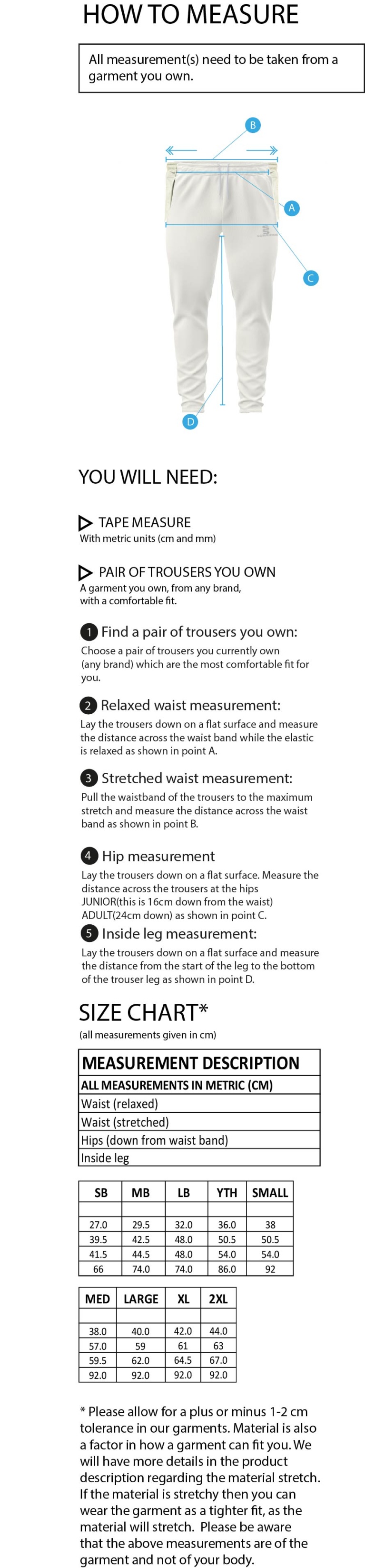 Island Bakeries CC - Tapered Fit Cricket Trousers - Size Guide