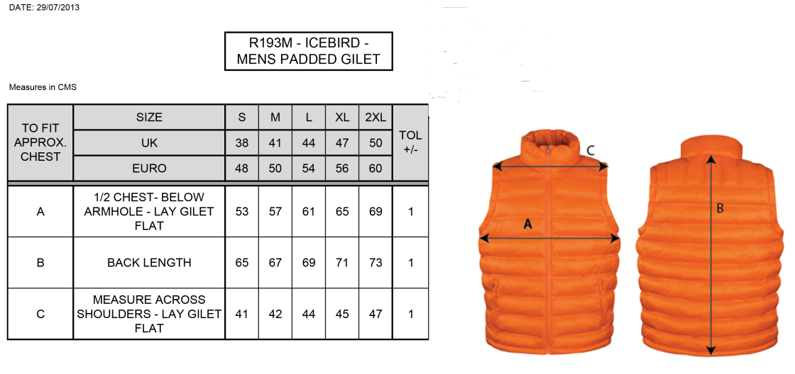 Island Bakeries CC - Padded Gilet - Size Guide