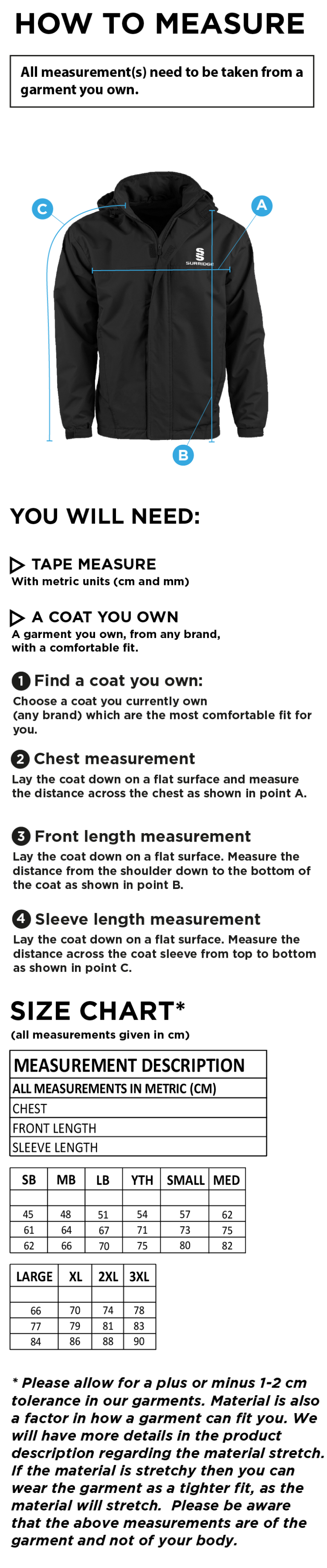 Island Bakeries CC - Fleeced Line Jacket - Size Guide